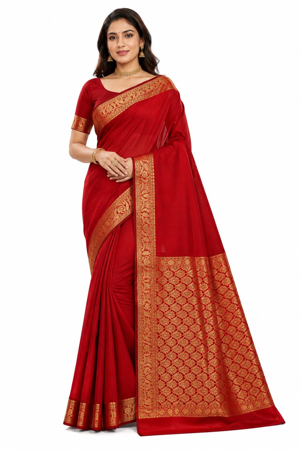 Banarasi Cotton Saree with Zari Work | Elegant Cotton Saree with Rich Border and Comfortable Fabric (Red) - Image 2