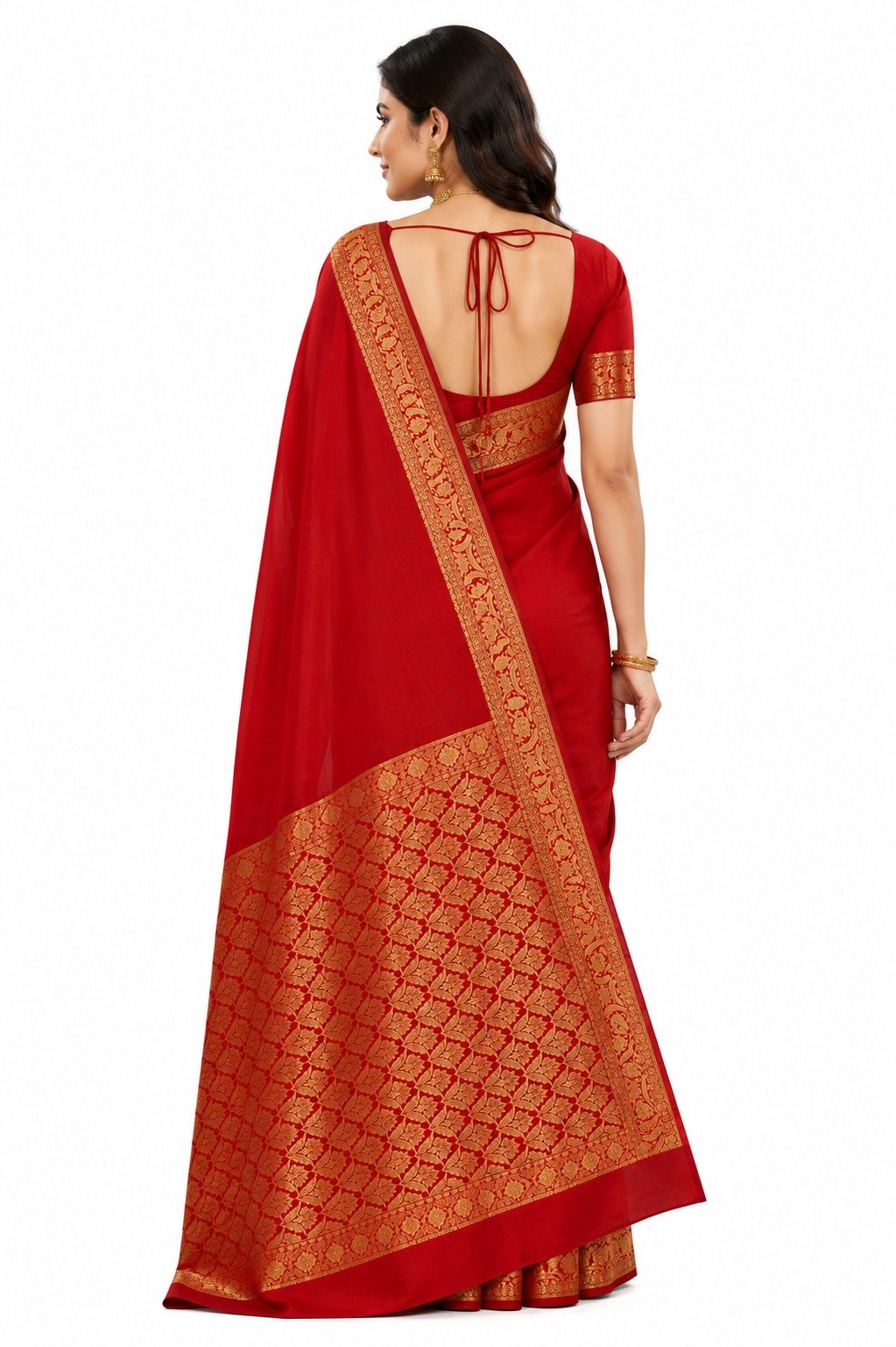 Banarasi Cotton Saree with Zari Work | Elegant Cotton Saree with Rich Border and Comfortable Fabric (Red) - Image 3
