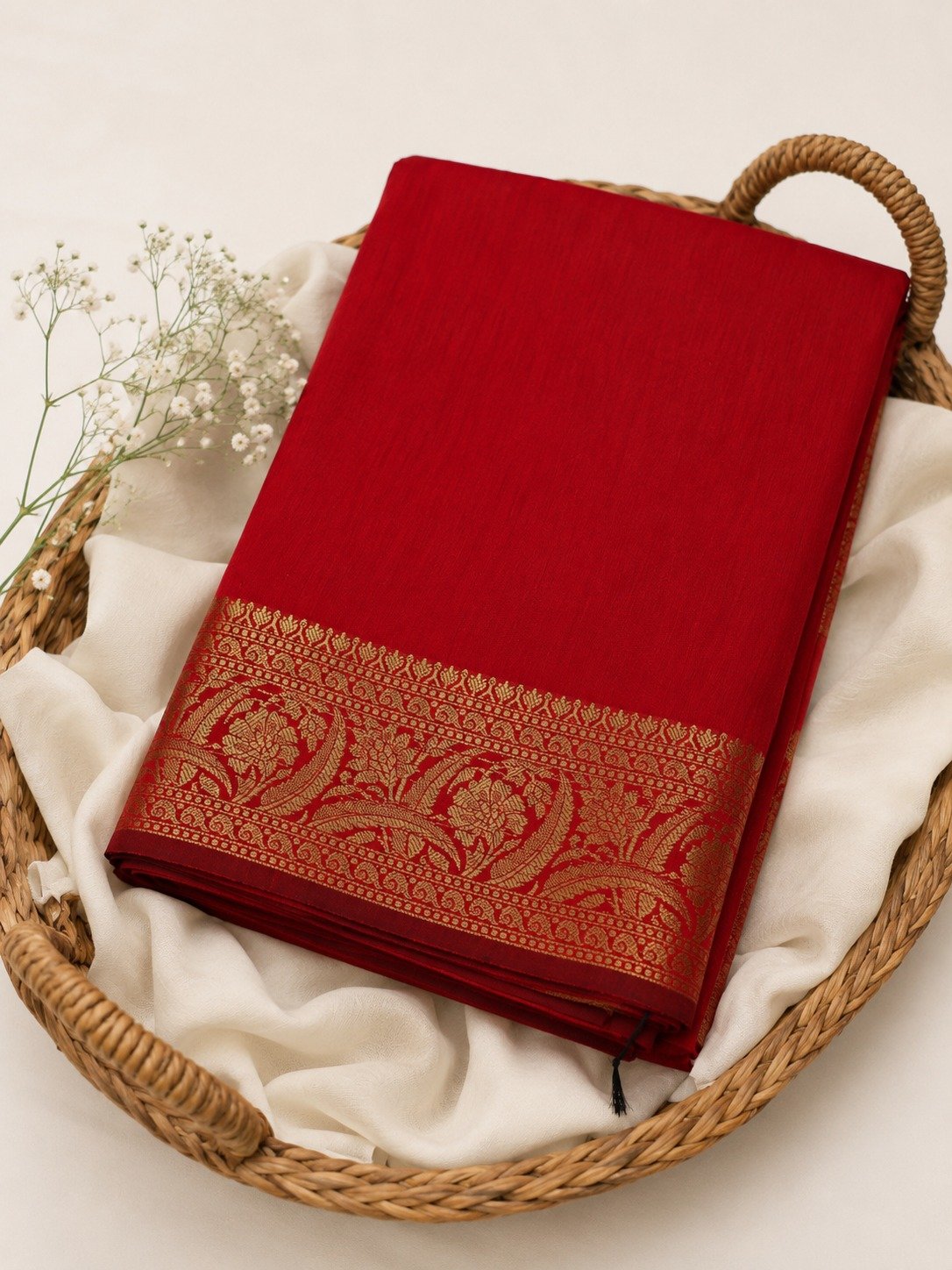 Banarasi Cotton Saree with Zari Work | Elegant Cotton Saree with Rich Border and Comfortable Fabric (Red) - Image 4