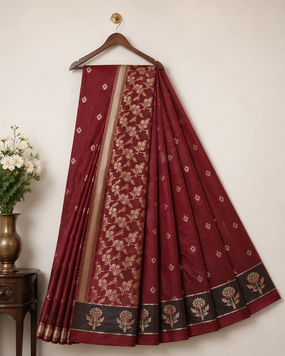 Banarasi Katan Silk Saree | Pure Woven Silk Fabric | Rich Zari Work Pallu | Blouse Piece Included (Wine) - Image 2