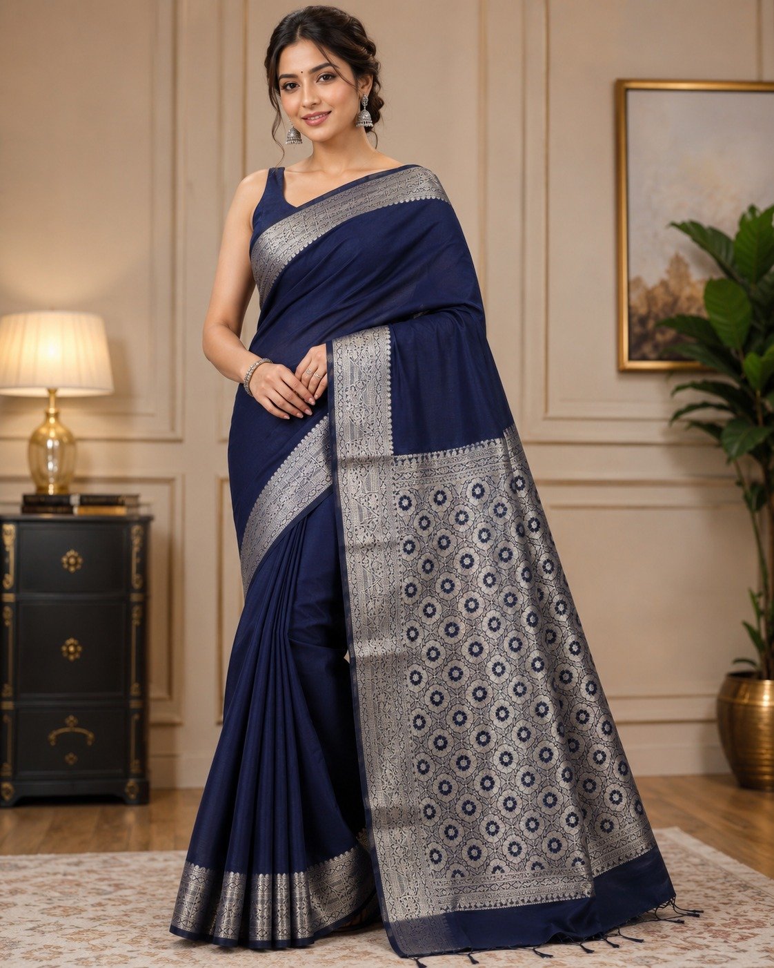 Banarasi Cotton Silk Saree with Golden Zari Work | Elegant Traditional Saree for Women (Navy Blue) - Image 2