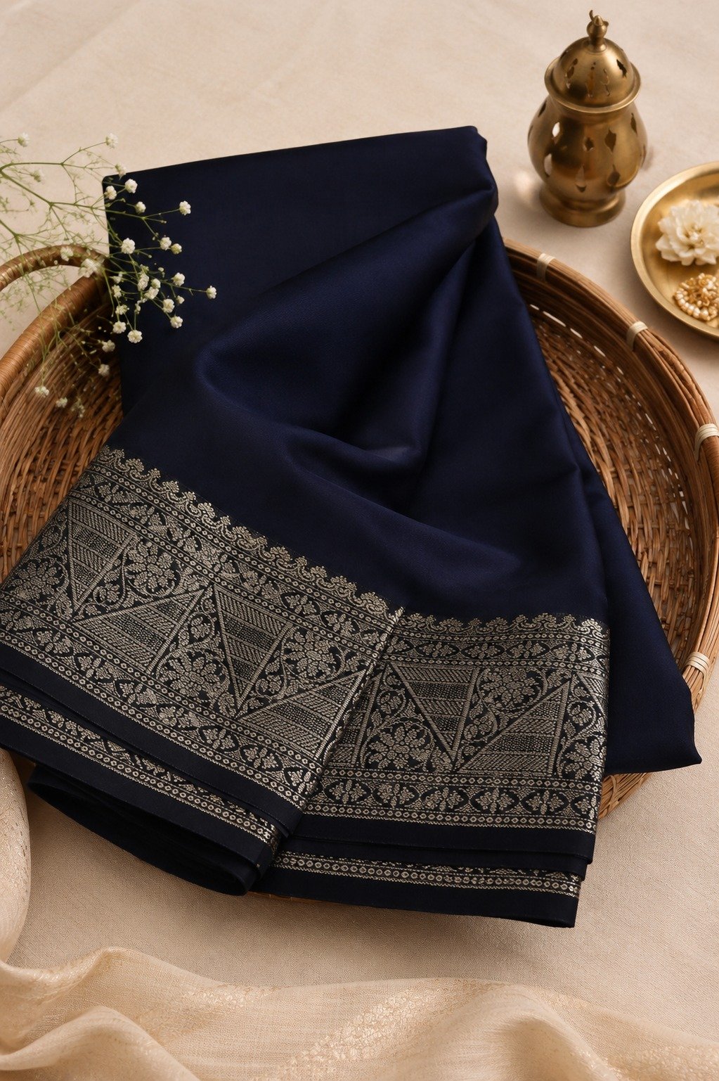 Banarasi Cotton Silk Saree with Golden Zari Work | Elegant Traditional Saree for Women (Navy Blue) - Image 7