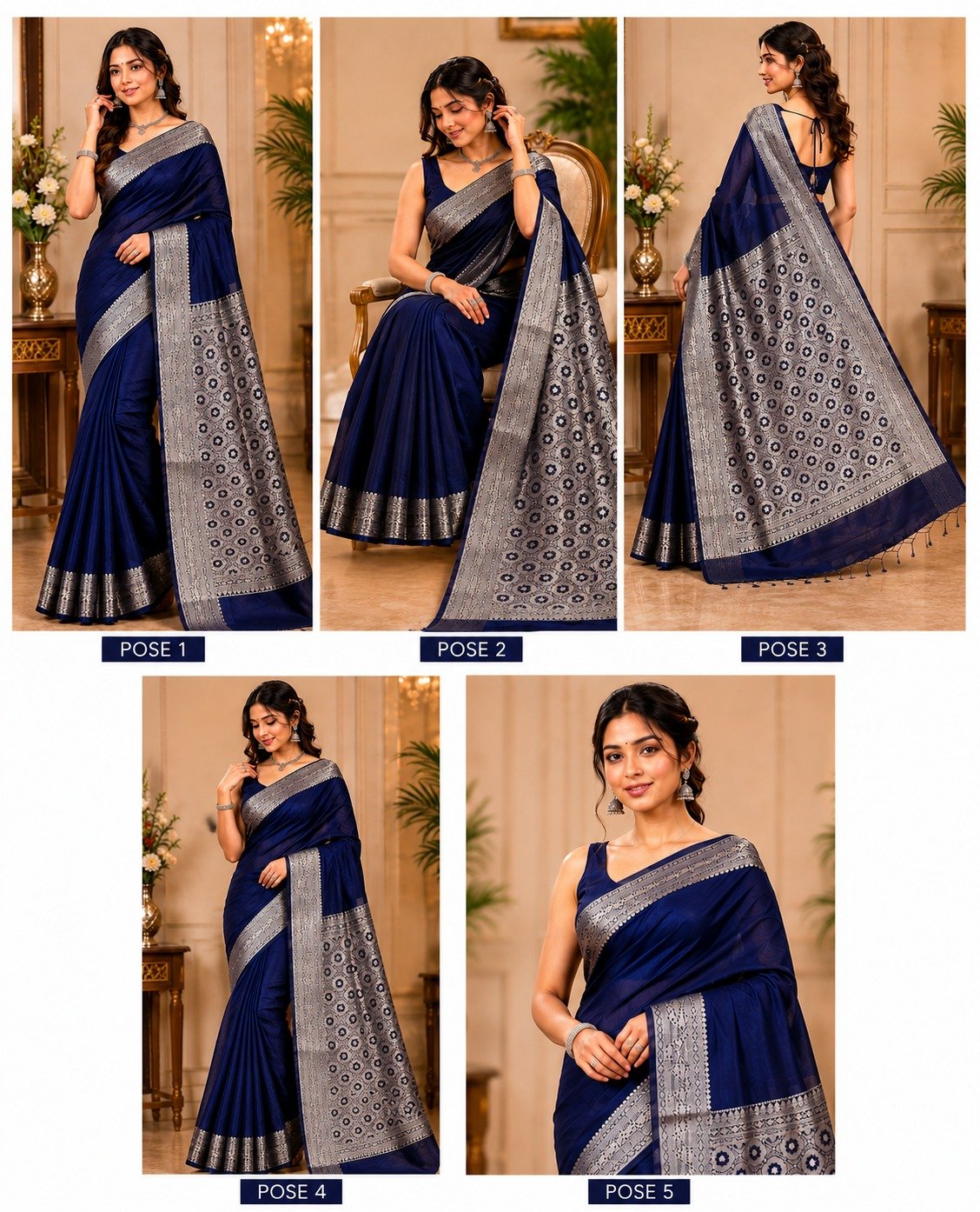 Banarasi Cotton Silk Saree with Golden Zari Work | Elegant Traditional Saree for Women (Navy Blue) - Image 6