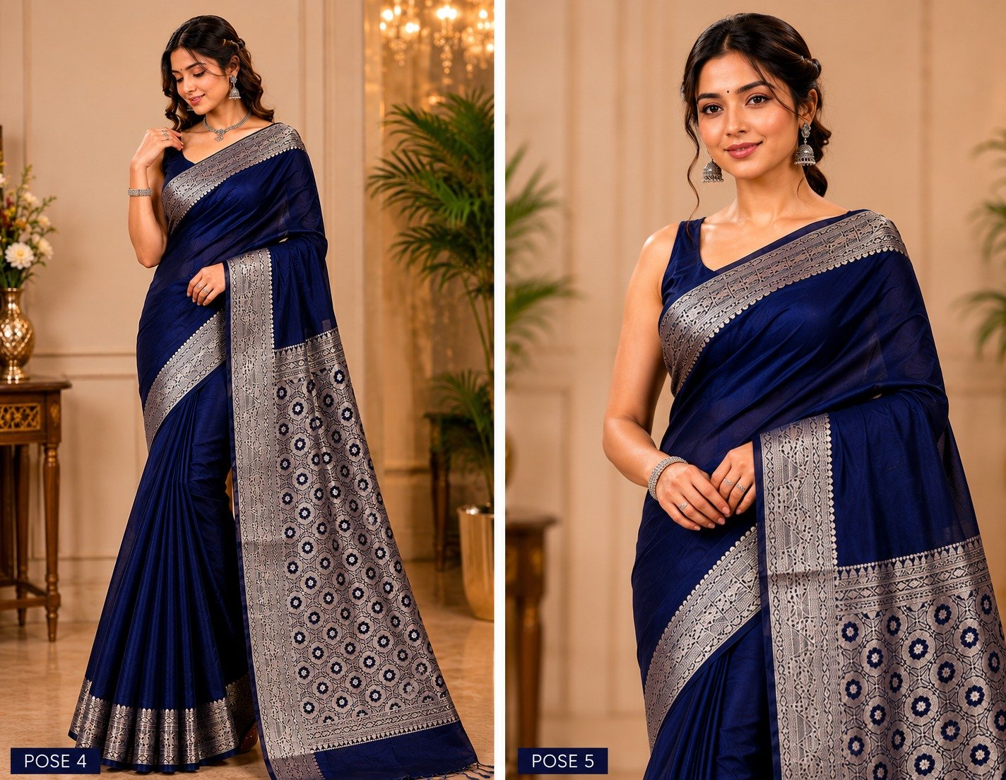 Banarasi Cotton Silk Saree with Golden Zari Work | Elegant Traditional Saree for Women (Navy Blue) - Image 4