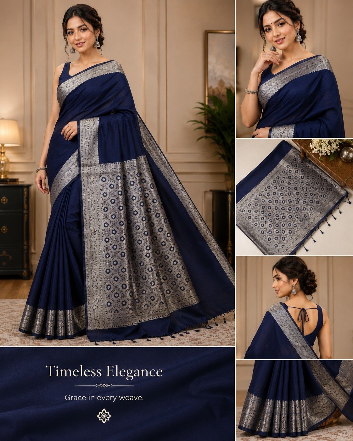 Banarasi Cotton Silk Saree with Golden Zari Work | Elegant Traditional Saree for Women (Navy Blue) - Image 5