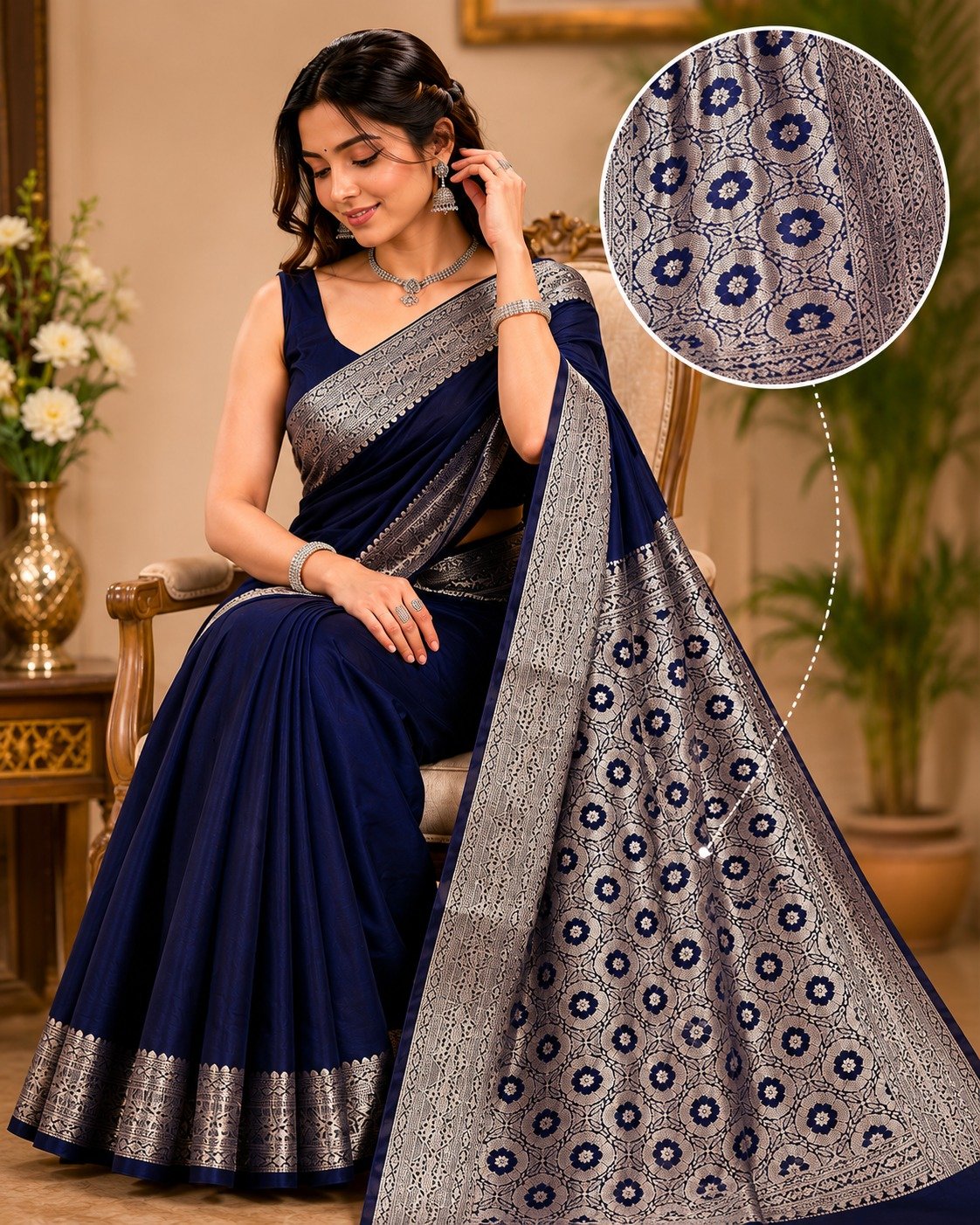 Banarasi Cotton Silk Saree with Golden Zari Work | Elegant Traditional Saree for Women (Navy Blue) - Image 3