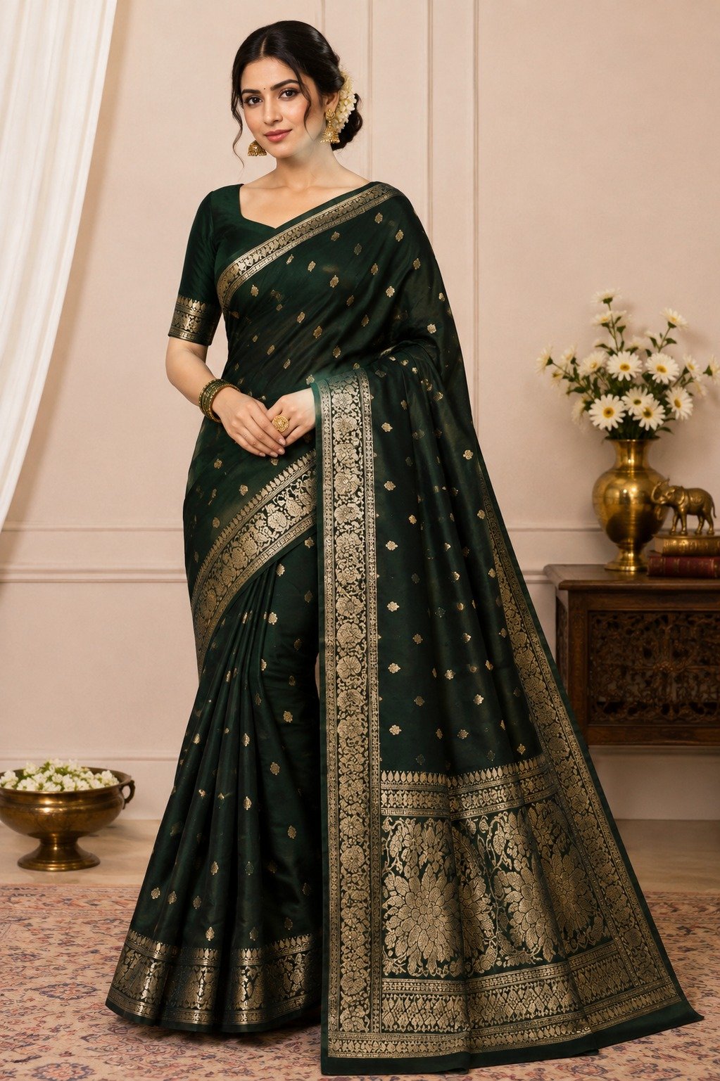 Banarasi Katan Silk Saree for Women | Pure Handloom Woven | Traditional Zari Border & Pallu | Premium Indian Ethnic Wear for Wedding & Festive Occasions (Dark Green) - Image 2