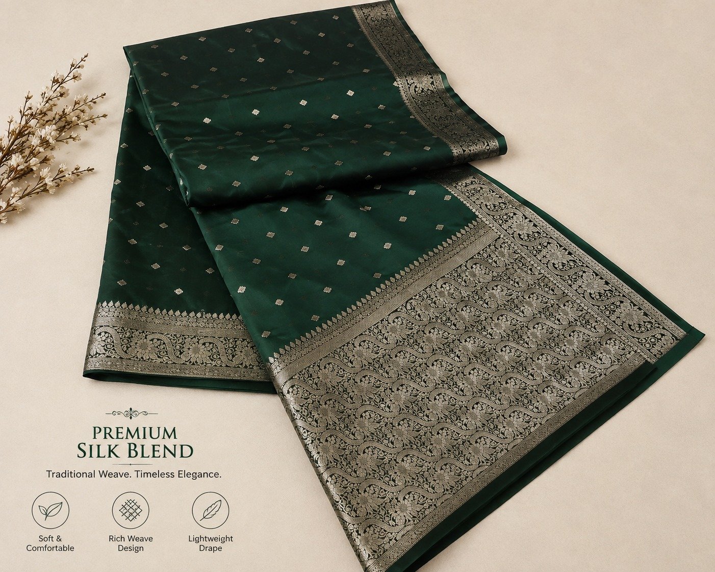 Banarasi Katan Silk Saree for Women | Pure Handloom Woven | Traditional Zari Border & Pallu | Premium Indian Ethnic Wear for Wedding & Festive Occasions (Dark Green) - Image 4