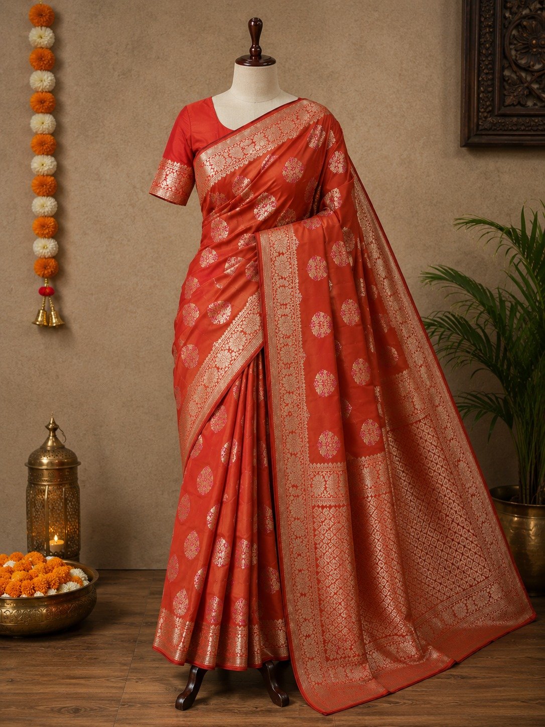 Banarasi Katan Silk Saree with Meena Buta Zari Weaving with Unstitched Blouse (Brick Red) - Image 2