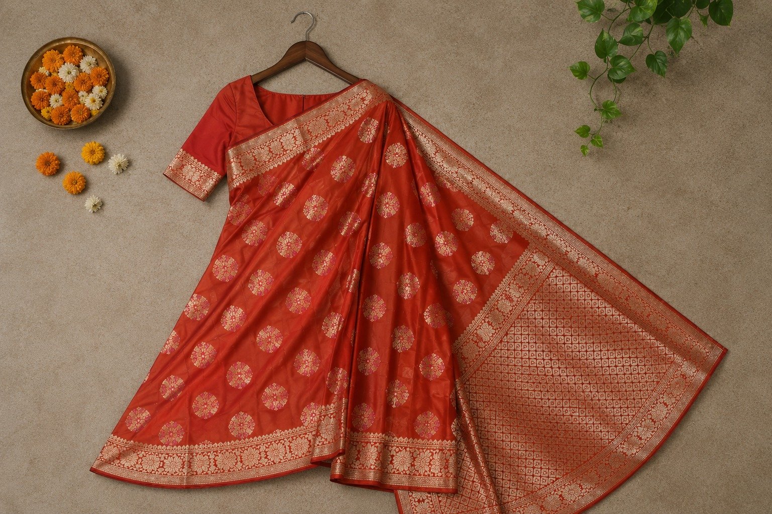 Banarasi Katan Silk Saree with Meena Buta Zari Weaving with Unstitched Blouse (Brick Red) - Image 3