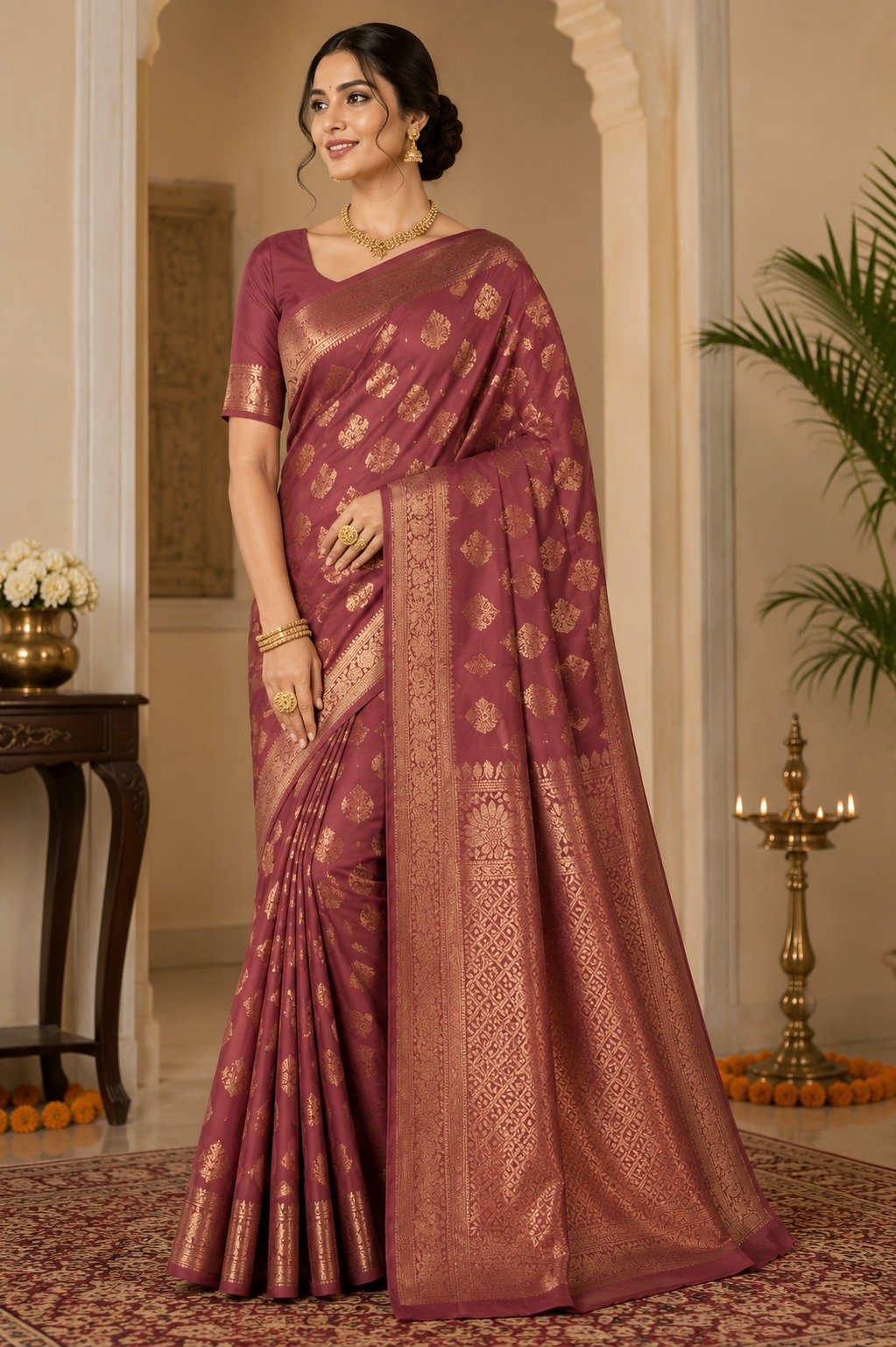 Banarasi Katan Silk Saree with Meena Buta Zari Weaving with Unstitched Blouse (Dusty Pink) - Image 2