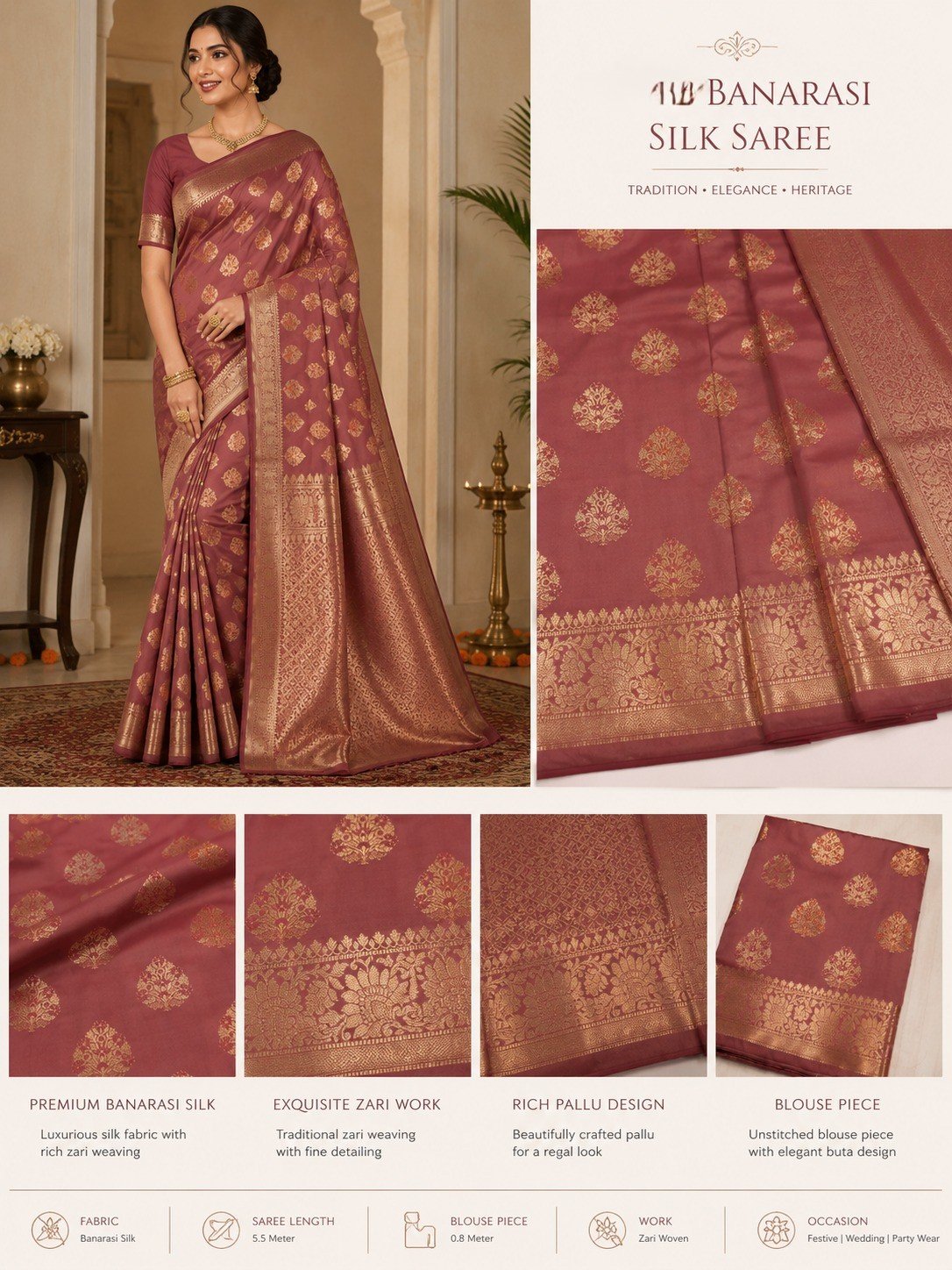 Banarasi Katan Silk Saree with Meena Buta Zari Weaving with Unstitched Blouse (Dusty Pink) - Image 3