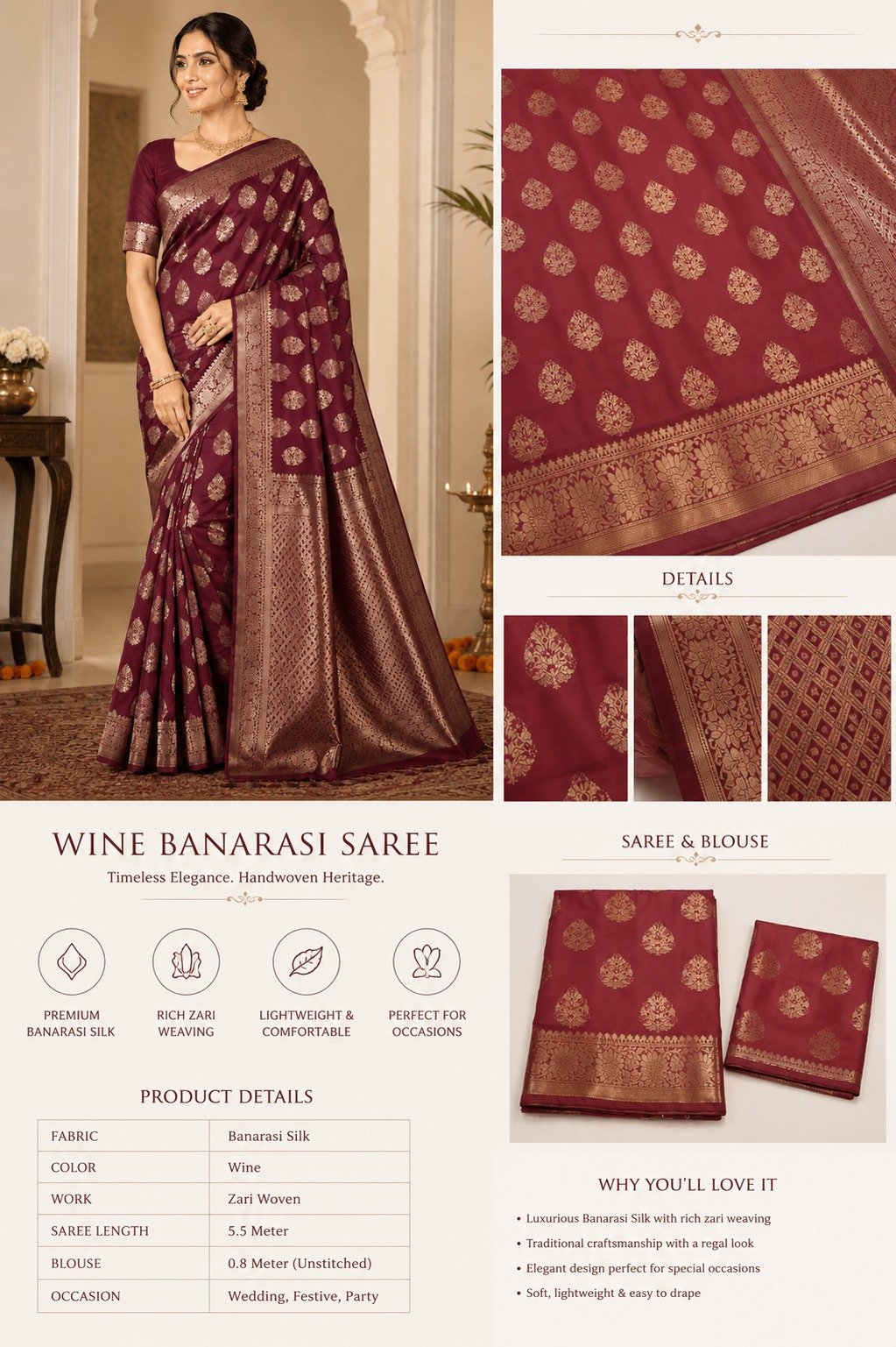 Banarasi Katan Silk Saree with Meena Buta Zari Weaving with Unstitched Blouse (Wine) - Image 2