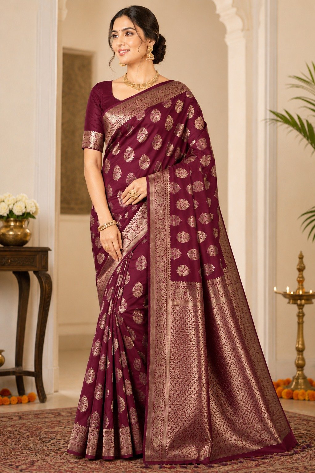 Banarasi Katan Silk Saree with Meena Buta Zari Weaving with Unstitched Blouse (Wine) - Image 3