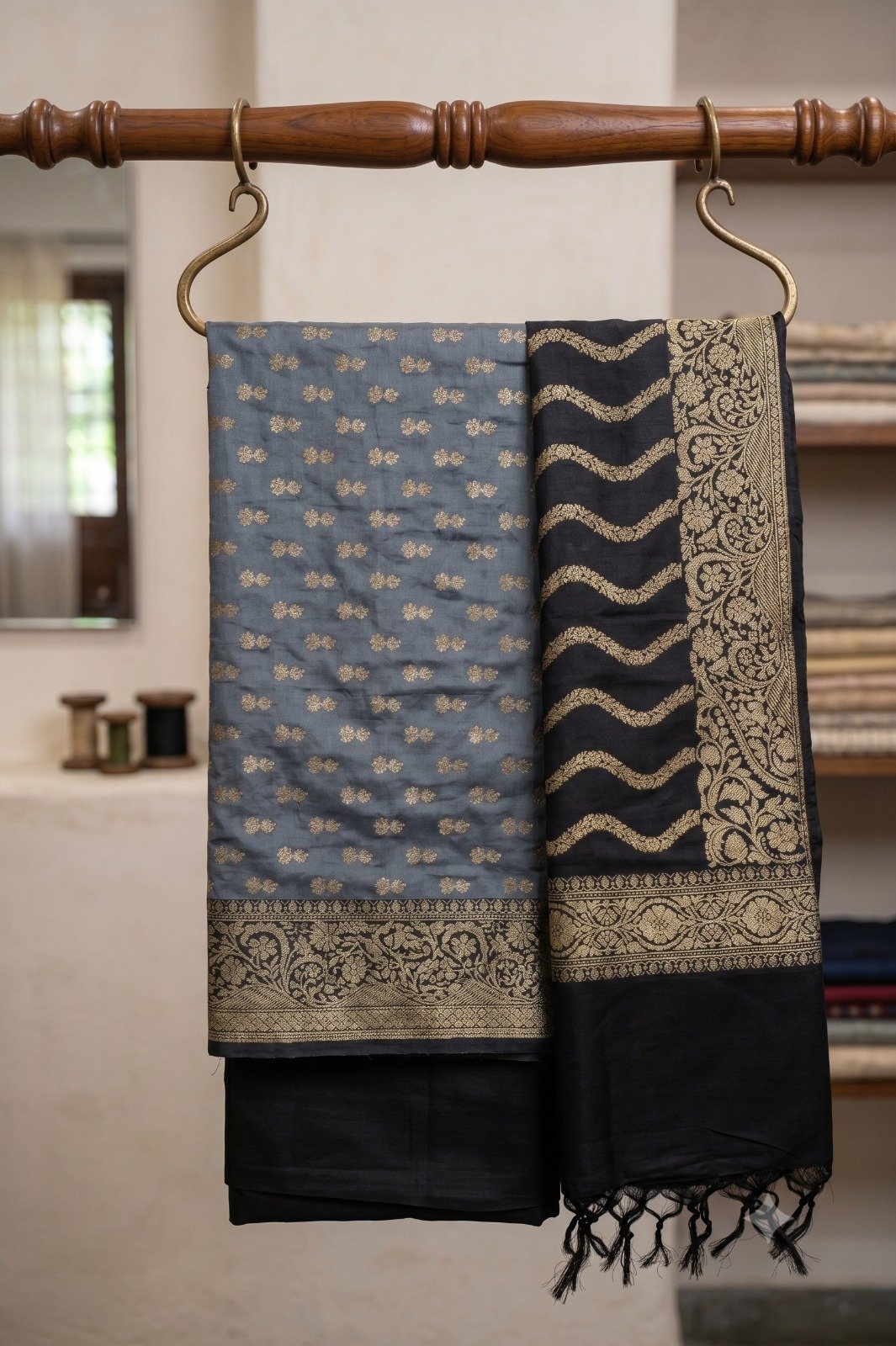 Banarasi Katan Silk 3-Piece Suit in Grey & Black - Image 3