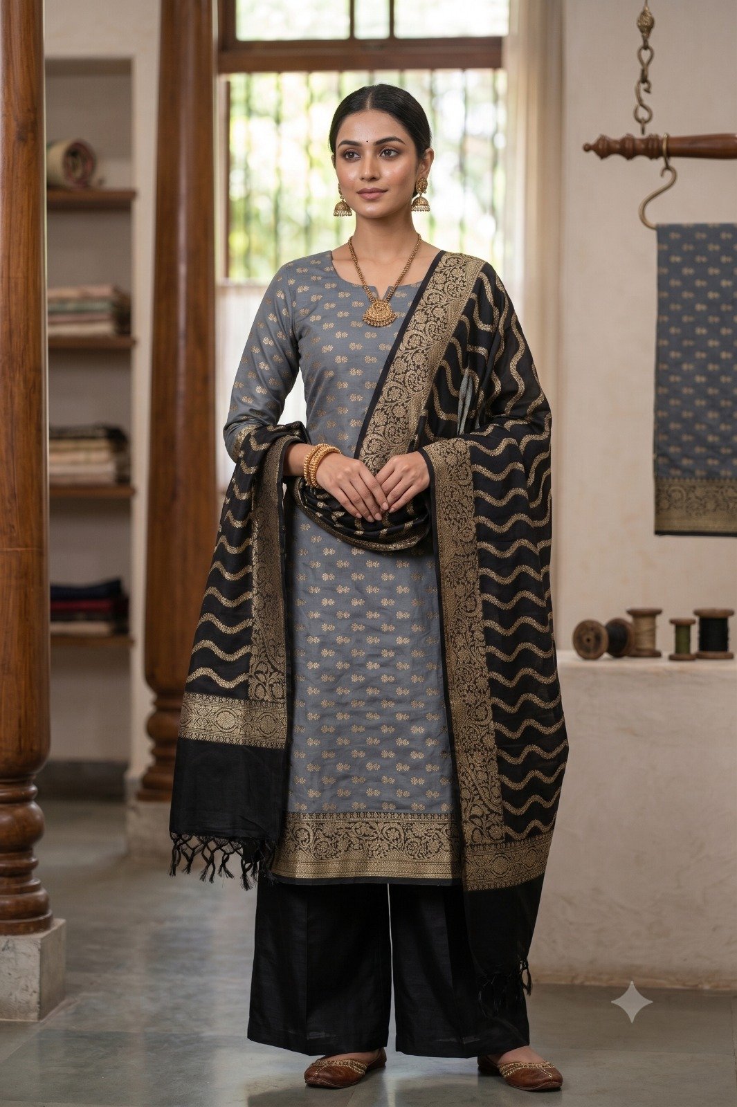 Banarasi Katan Silk 3-Piece Suit in Grey & Black - Image 2