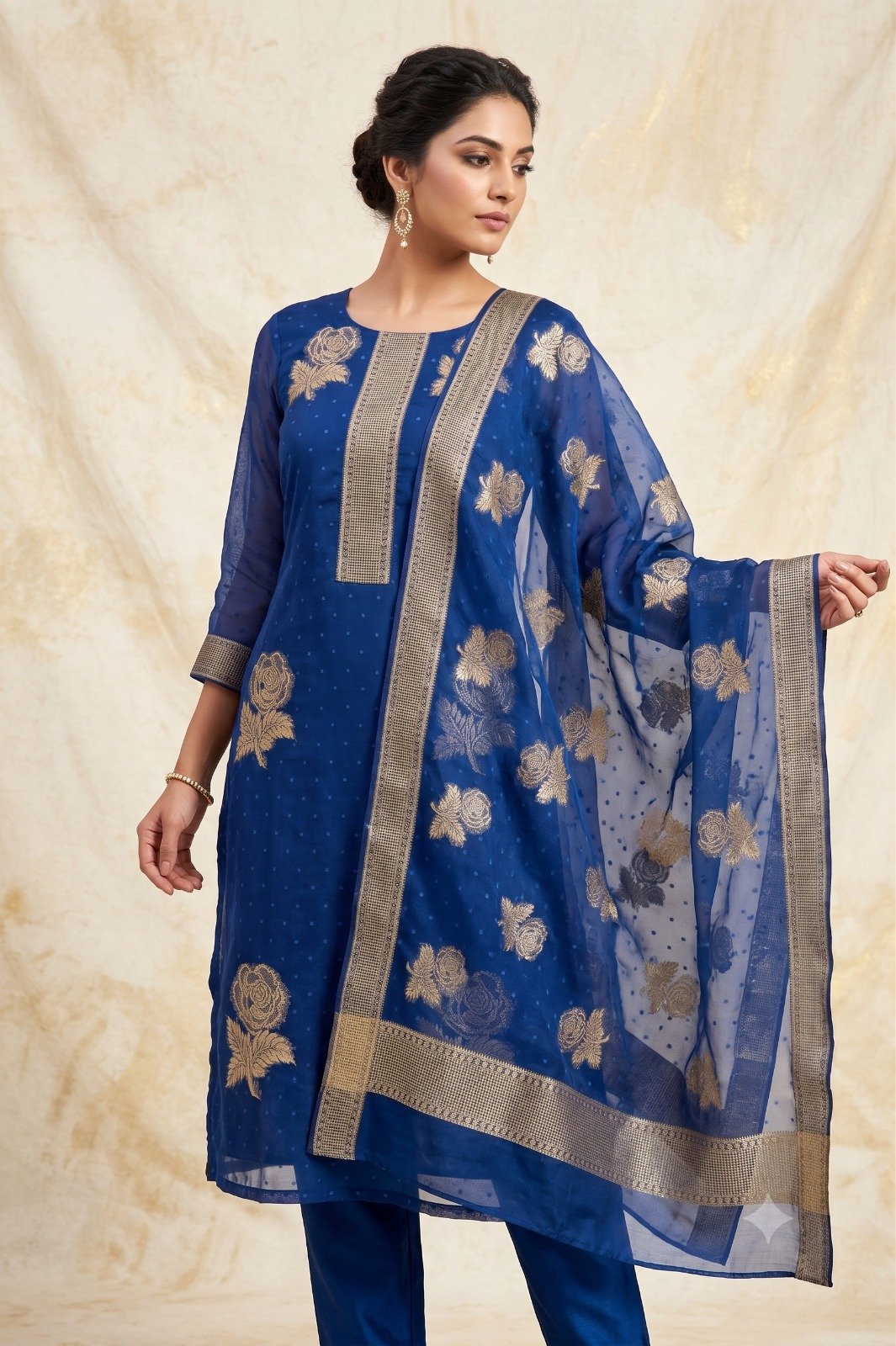 Pure Organza Banarasi Silk in Teal Blue - Image 2