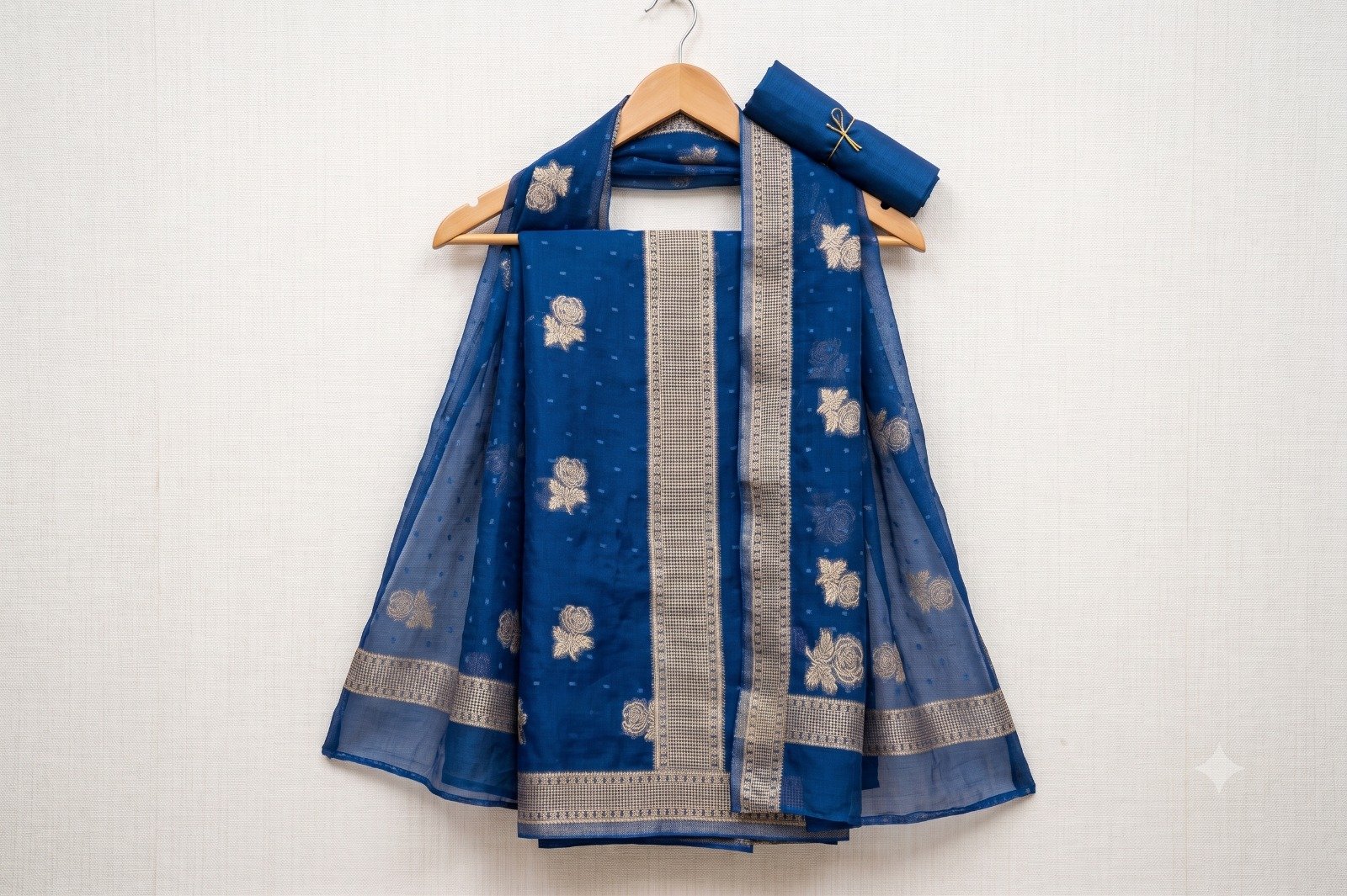 Pure Organza Banarasi Silk in Teal Blue - Image 3