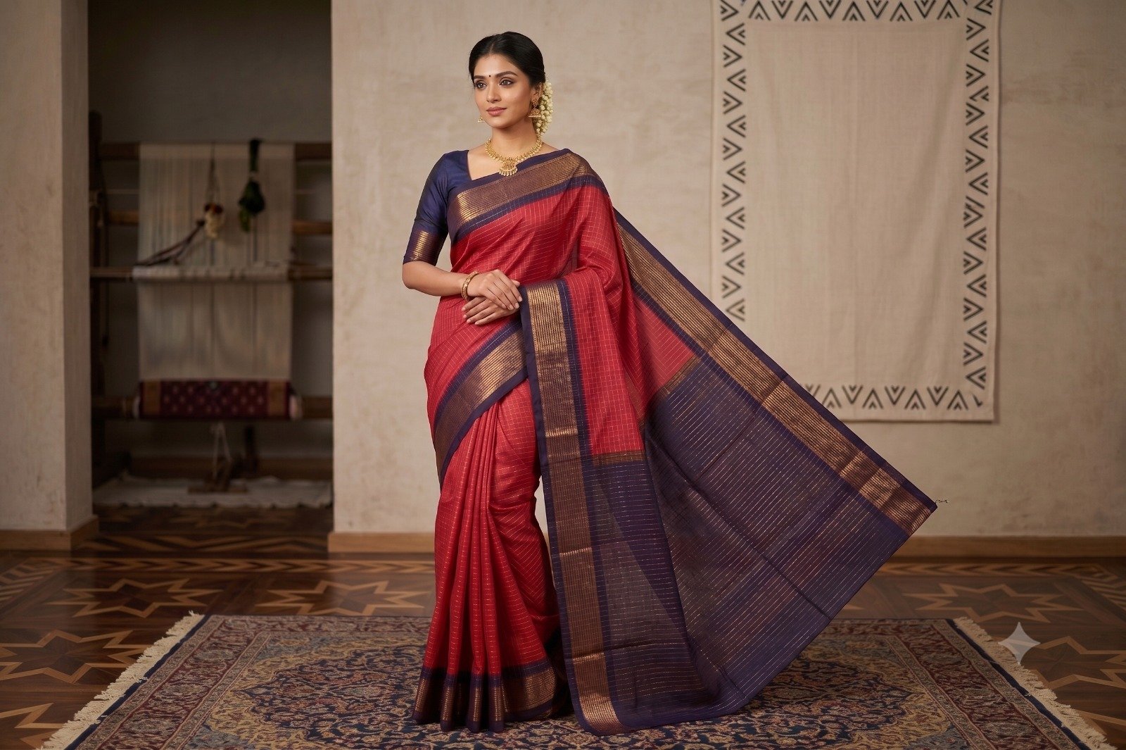 Elegant South Cotton Checks Saree with Rich Zari Border & Running Blouse Piece (Wine & Navy Blue) - Image 2