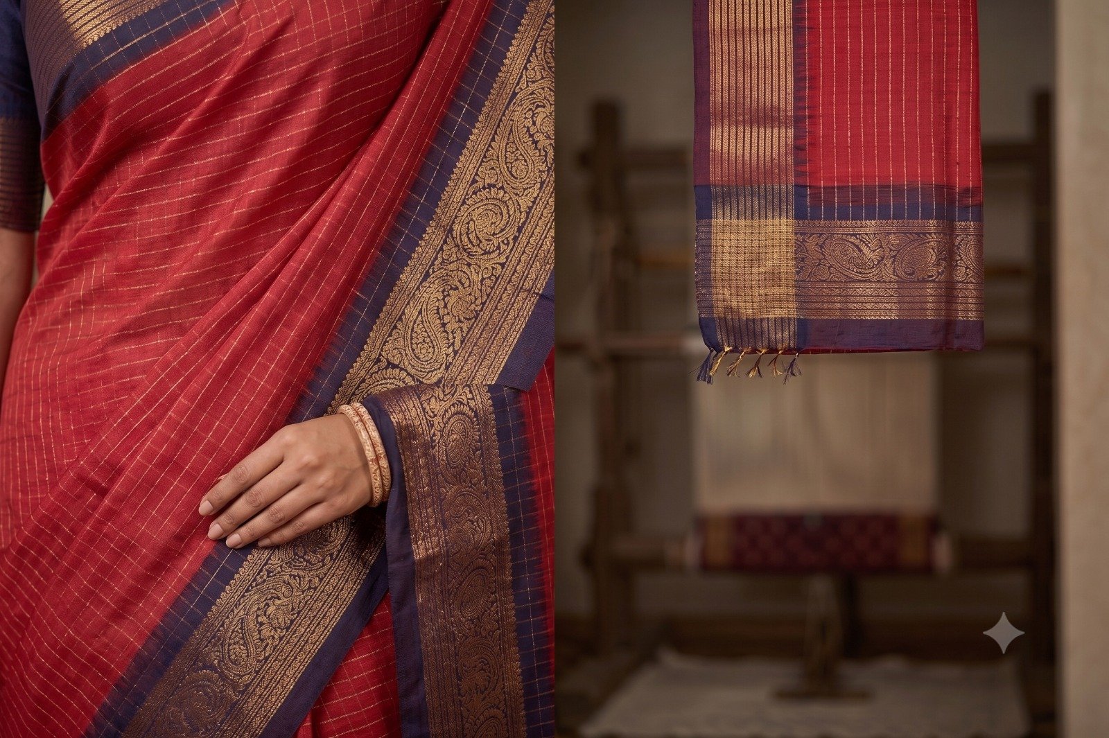 Elegant South Cotton Checks Saree with Rich Zari Border & Running Blouse Piece (Wine & Navy Blue) - Image 3