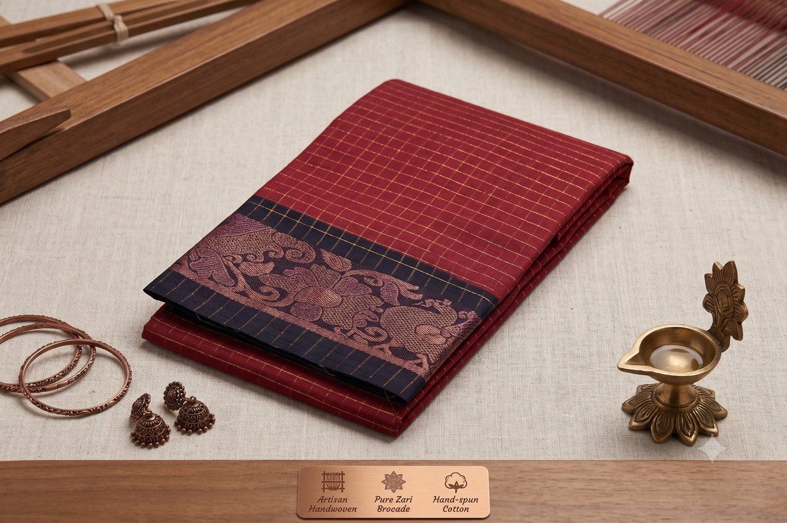 Elegant South Cotton Checks Saree with Rich Zari Border & Running Blouse Piece (Wine & Navy Blue) - Image 4