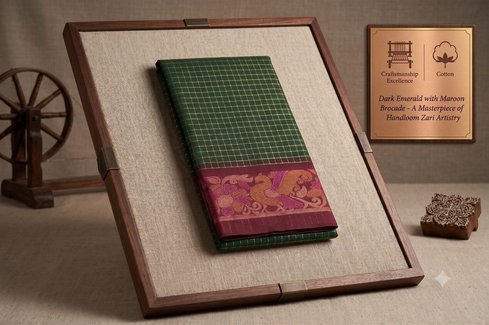 Elegant South Cotton Checks Saree with Rich Zari Border & Running Blouse Piece (Green & Maroon) - Image 4