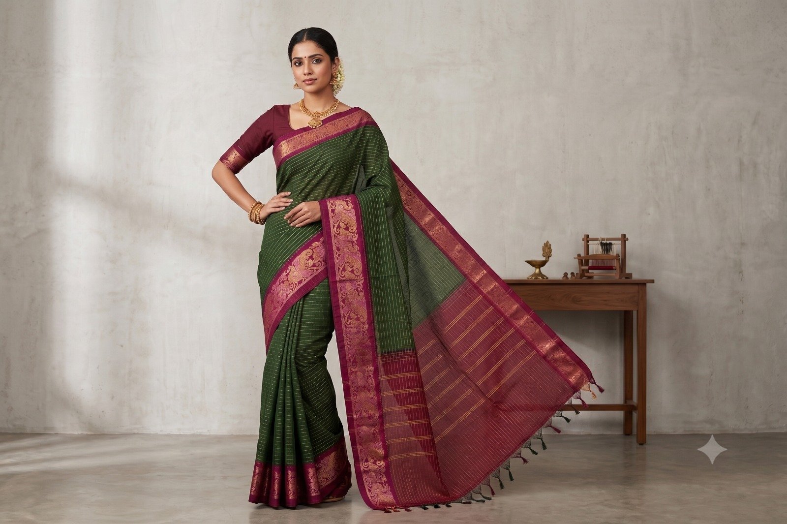 Elegant South Cotton Checks Saree with Rich Zari Border & Running Blouse Piece (Green & Maroon) - Image 2