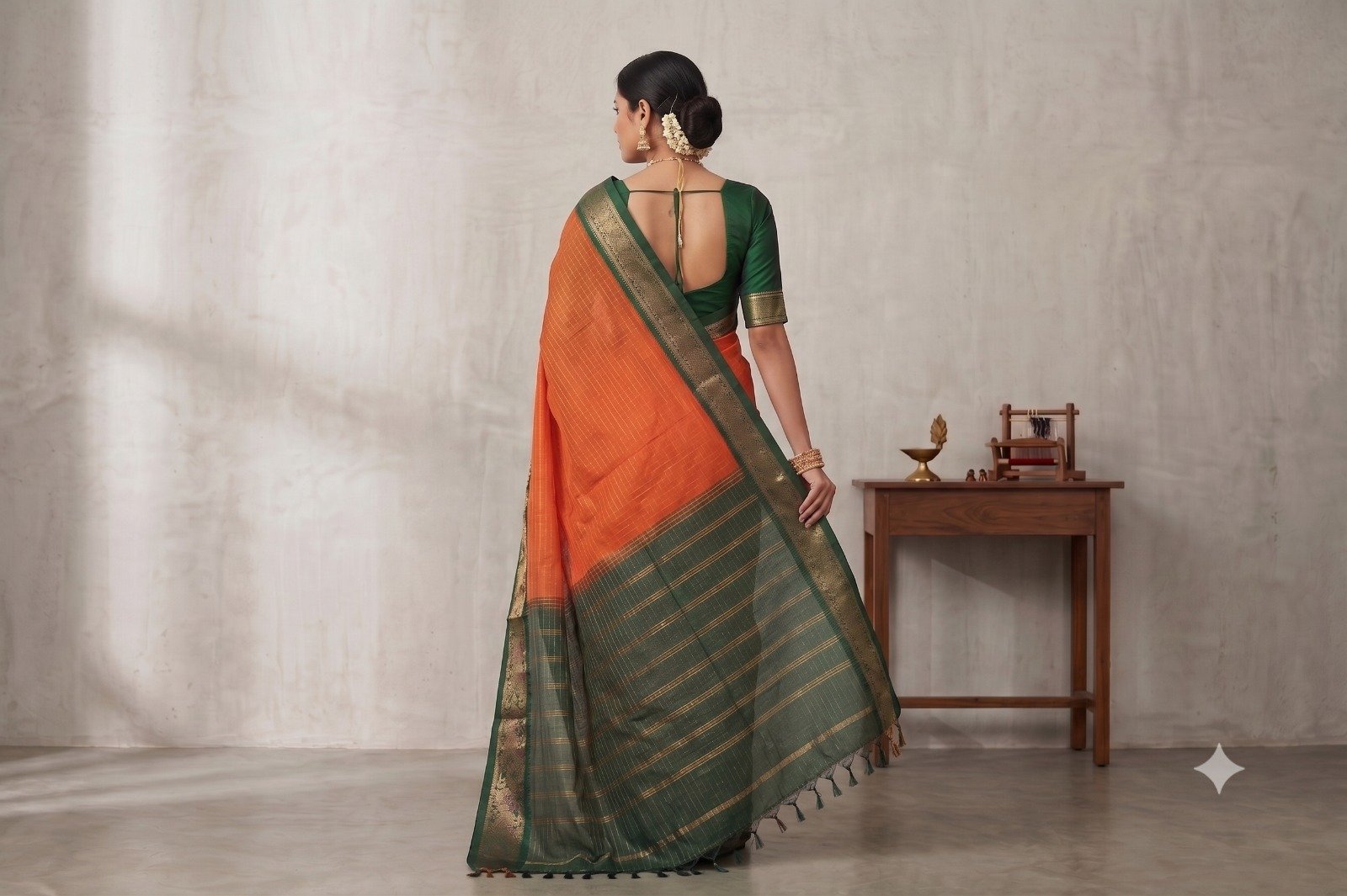Elegant South Cotton Checks Saree with Rich Zari Border & Running Blouse Piece (Brick Red & Green) - Image 3
