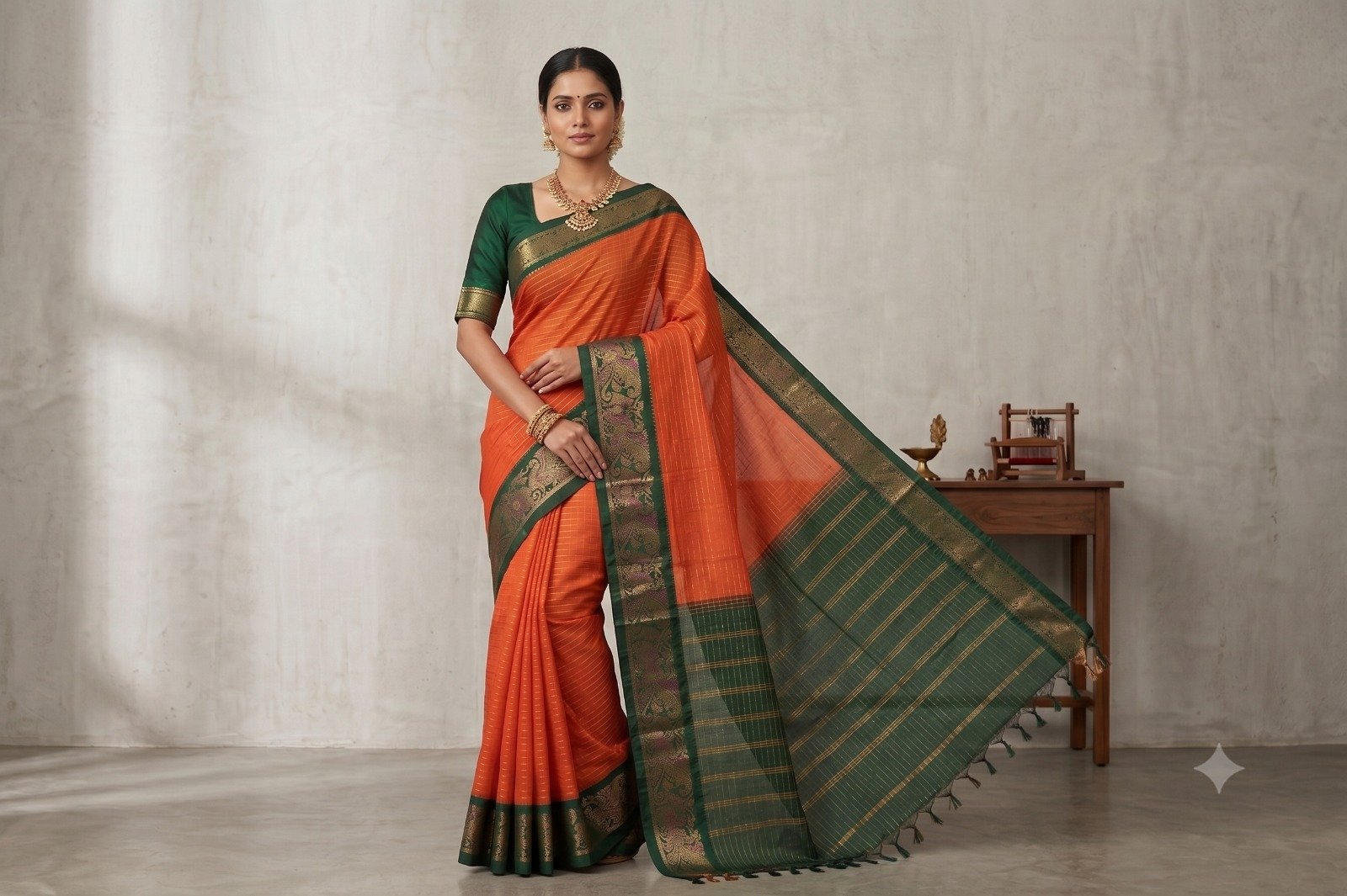Elegant South Cotton Checks Saree with Rich Zari Border & Running Blouse Piece (Brick Red & Green) - Image 2