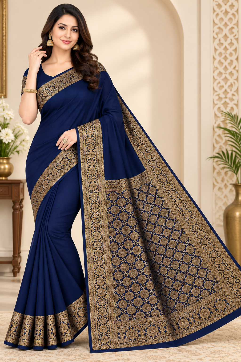 Banarasi Cotton Saree with Zari Work | Elegant Cotton Saree with Rich Border and Comfortable Fabric (Navy Blue) - Image 2