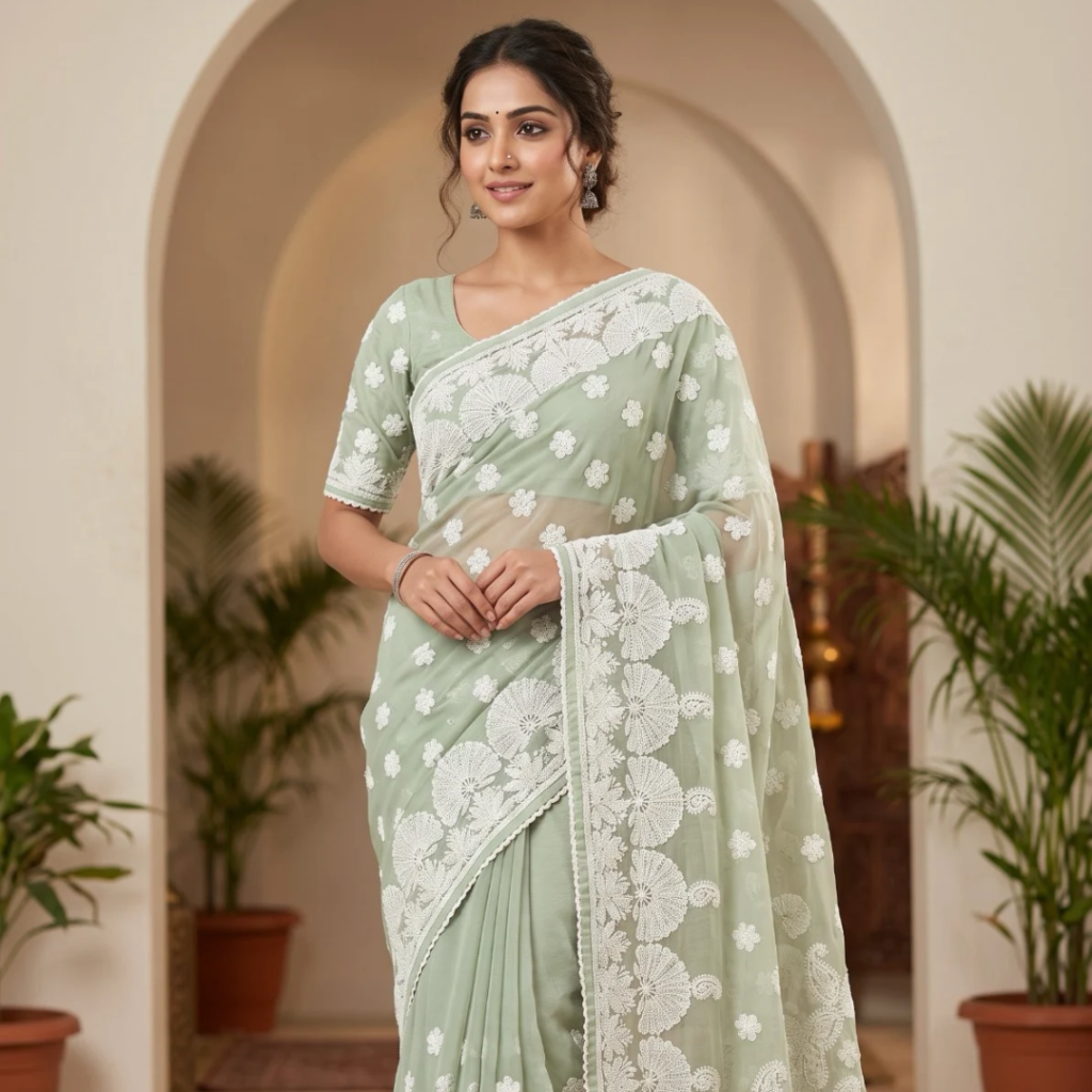 Handwoven Lucknow Chikankari Georgette Saree