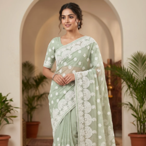 Handwoven Lucknow Chikankari Georgette Saree