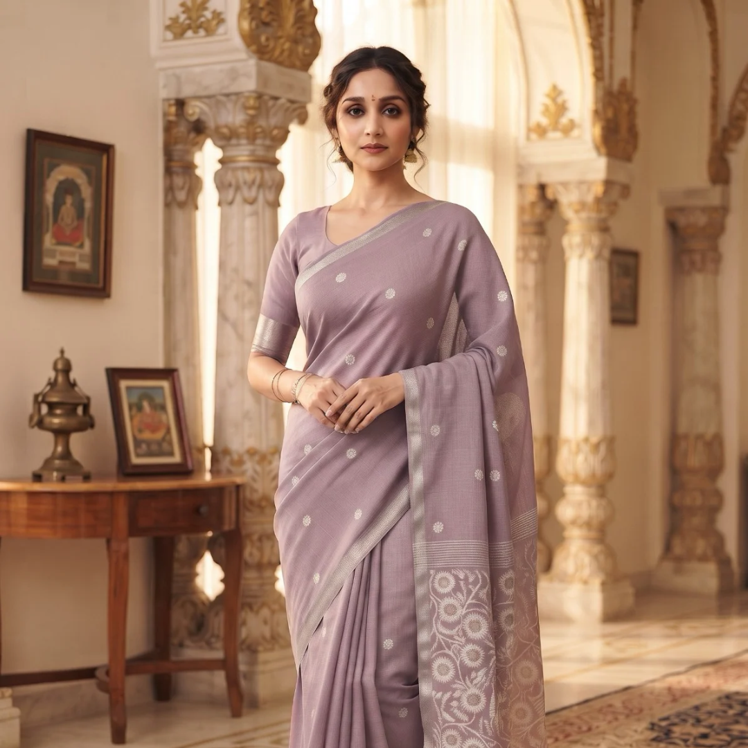 Handwoven Chanderi Silk Saree with Small Zari Border, White Resham & Silver Zari Pallu (Lavender)