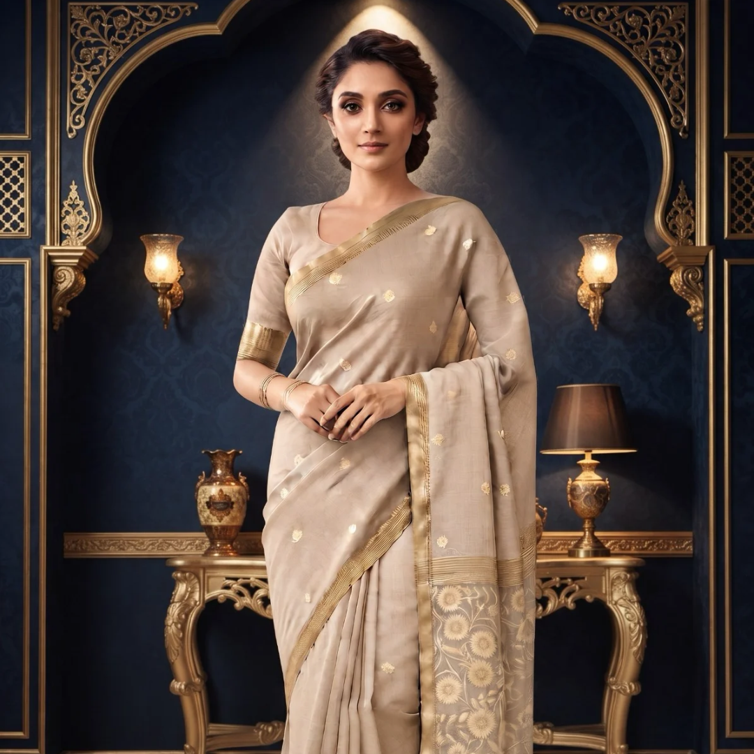 Handwoven Chanderi Silk Saree with Small Zari Border, White Resham & Silver Zari Pallu (Beige)