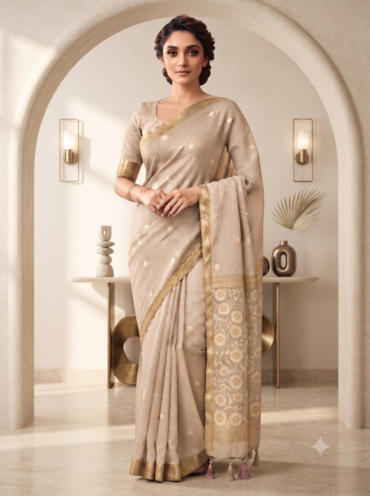 Handwoven Chanderi Silk Saree with Small Zari Border, White Resham & Silver Zari Pallu (Beige) - Image 3
