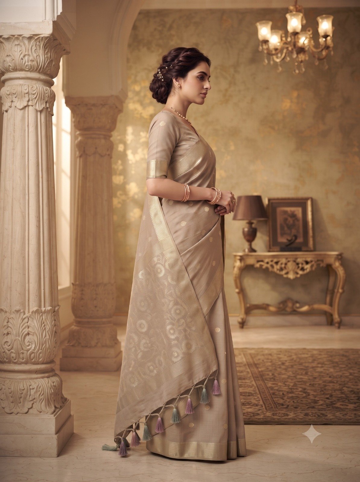 Handwoven Chanderi Silk Saree with Small Zari Border, White Resham & Silver Zari Pallu (Beige) - Image 4