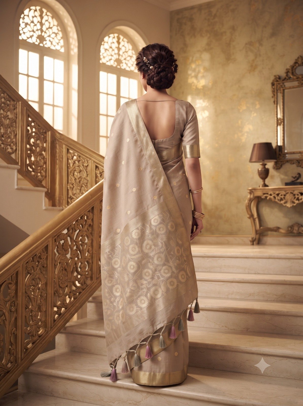 Handwoven Chanderi Silk Saree with Small Zari Border, White Resham & Silver Zari Pallu (Beige) - Image 5