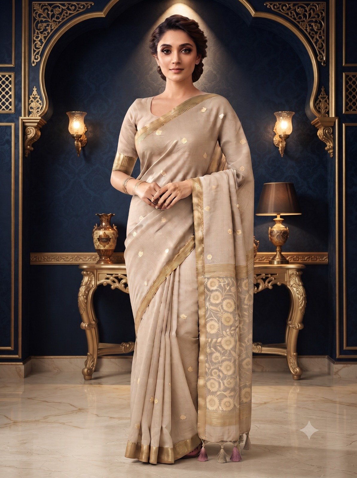 Handwoven Chanderi Silk Saree with Small Zari Border, White Resham & Silver Zari Pallu (Beige) - Image 2