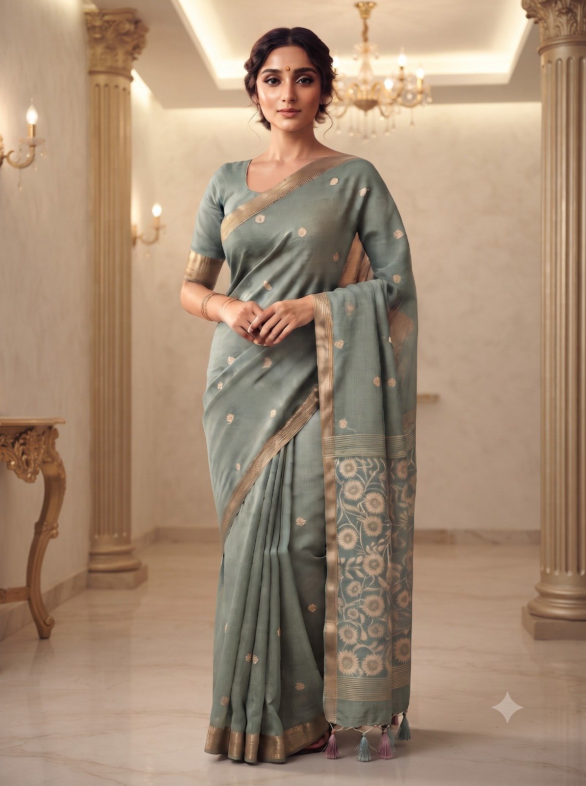 Handwoven Chanderi Silk Saree with Small Zari Border, White Resham & Silver Zari Pallu (Sea Green) - Image 2