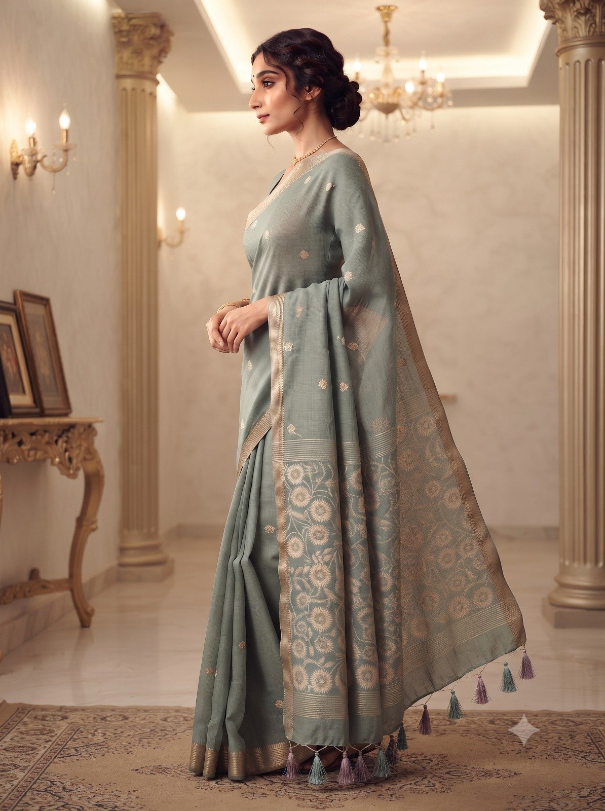 Handwoven Chanderi Silk Saree with Small Zari Border, White Resham & Silver Zari Pallu (Sea Green) - Image 3