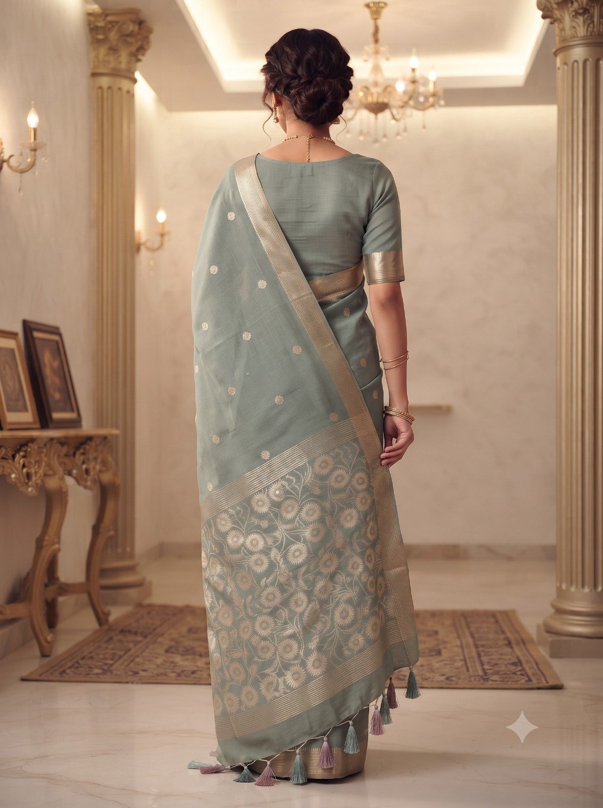 Handwoven Chanderi Silk Saree with Small Zari Border, White Resham & Silver Zari Pallu (Sea Green) - Image 4