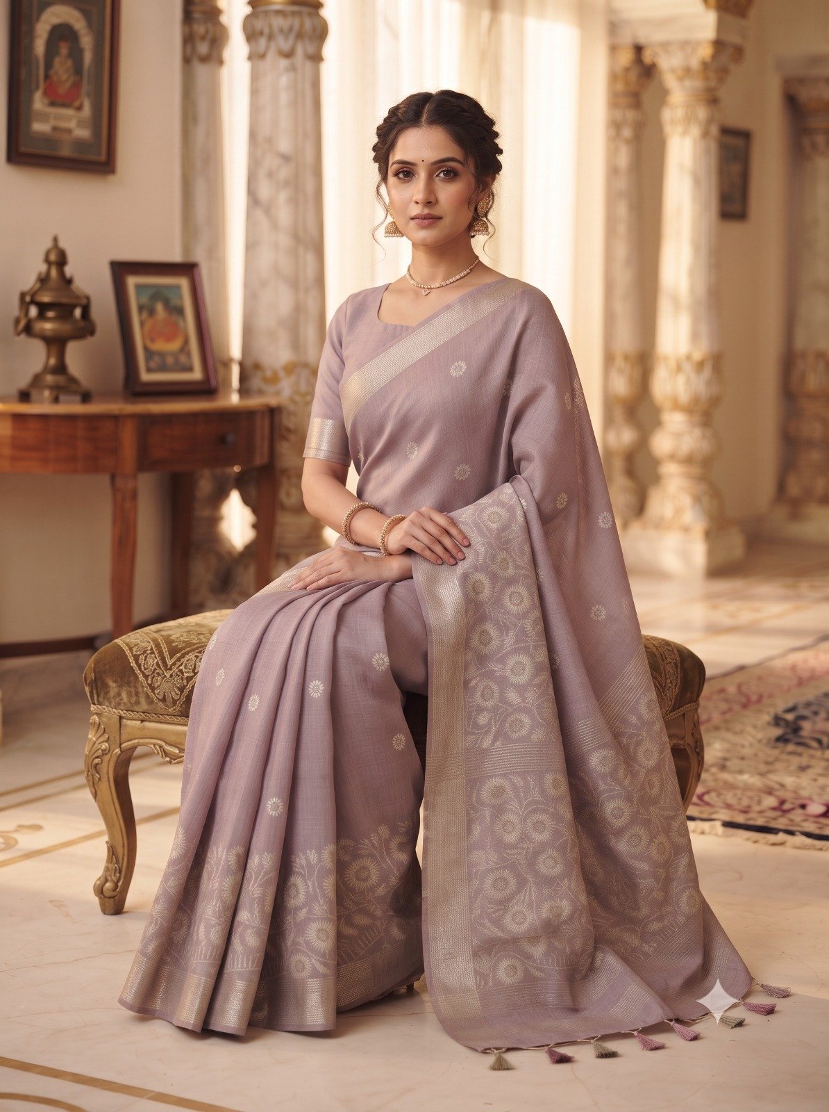 Handwoven Chanderi Silk Saree with Small Zari Border, White Resham & Silver Zari Pallu (Lavender) - Image 3