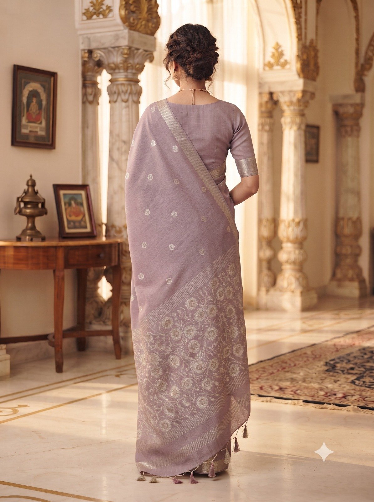 Handwoven Chanderi Silk Saree with Small Zari Border, White Resham & Silver Zari Pallu (Lavender) - Image 4