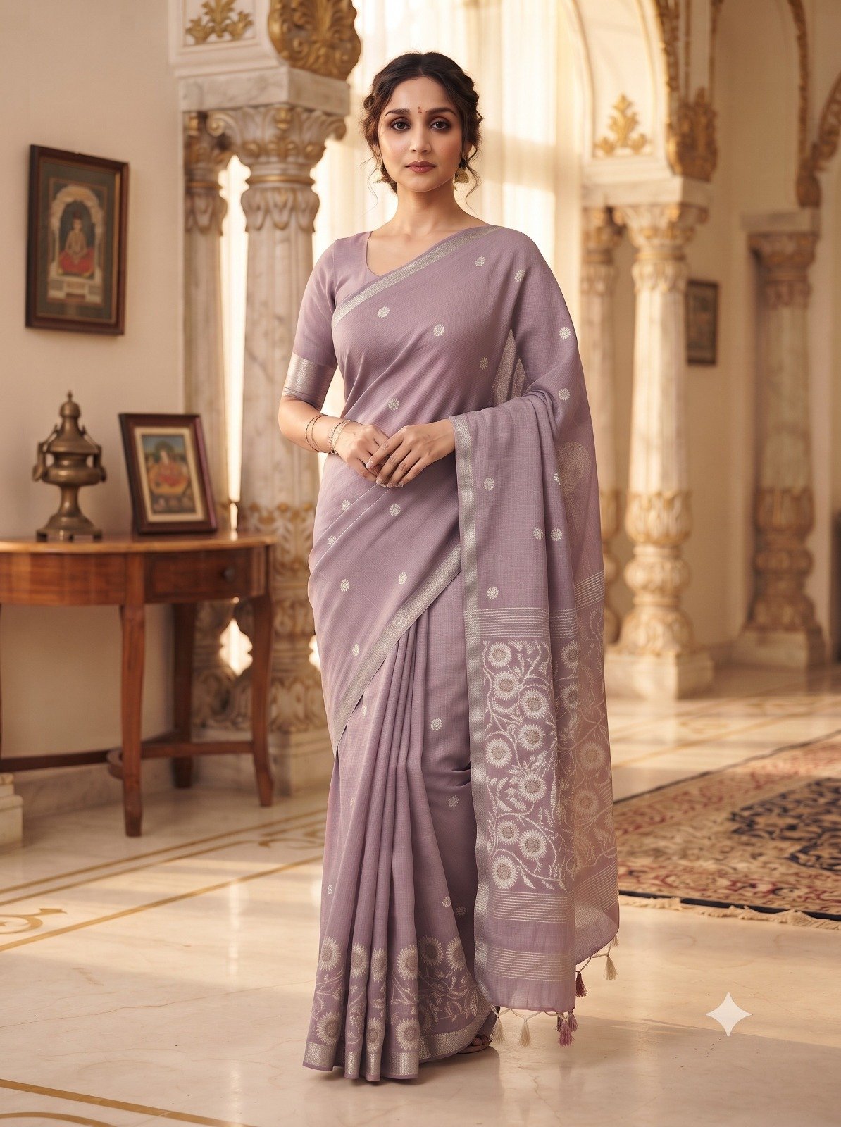 Handwoven Chanderi Silk Saree with Small Zari Border, White Resham & Silver Zari Pallu (Lavender) - Image 2