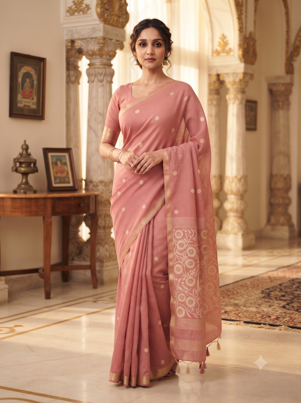 Handwoven Chanderi Silk Saree with Small Zari Border, White Resham & Silver Zari Pallu (Pink) - Image 2