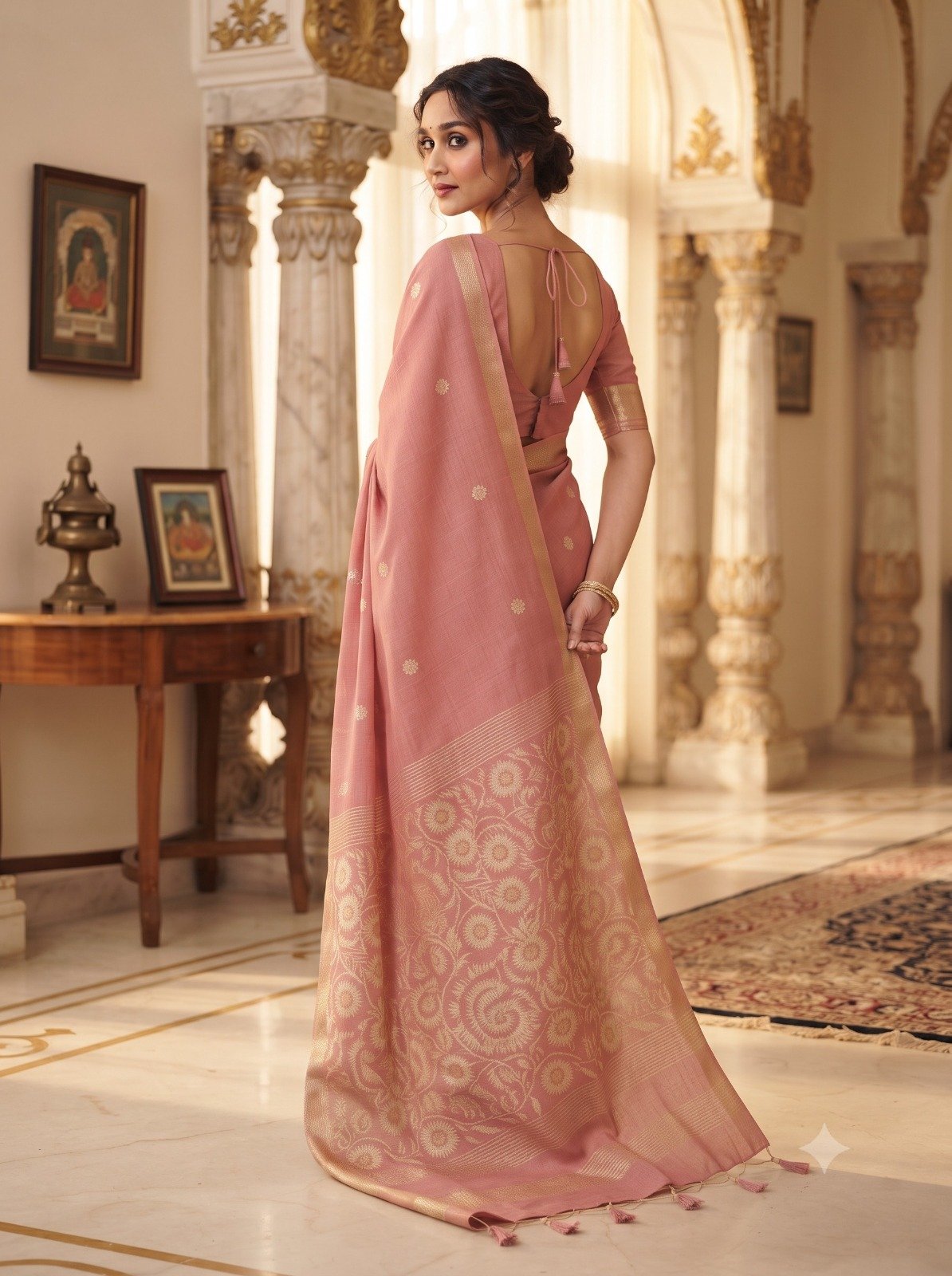 Handwoven Chanderi Silk Saree with Small Zari Border, White Resham & Silver Zari Pallu (Pink) - Image 4